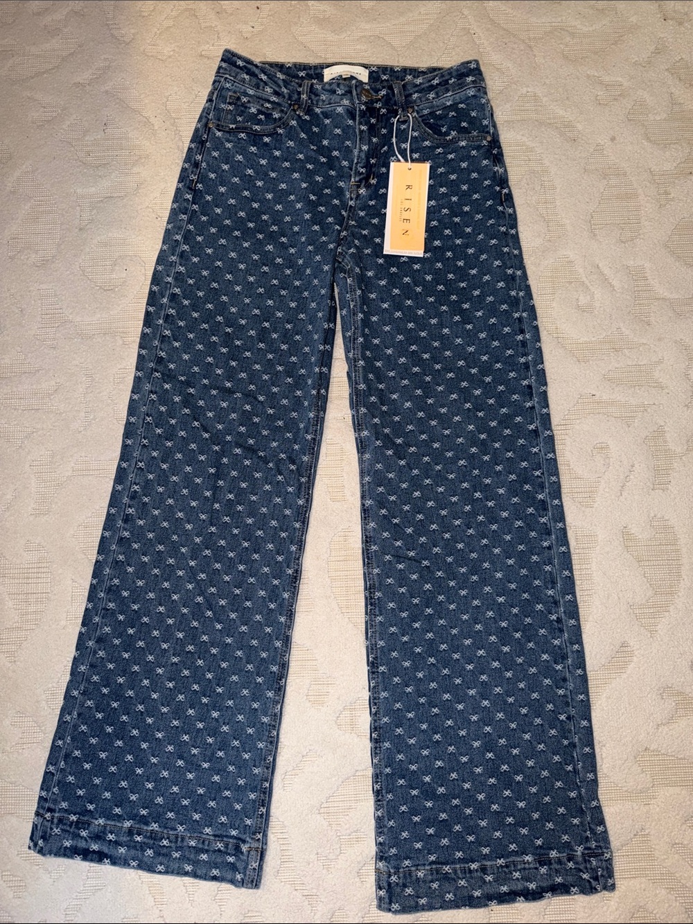 Risen Women's Wide Leg Jeans with Bow Print